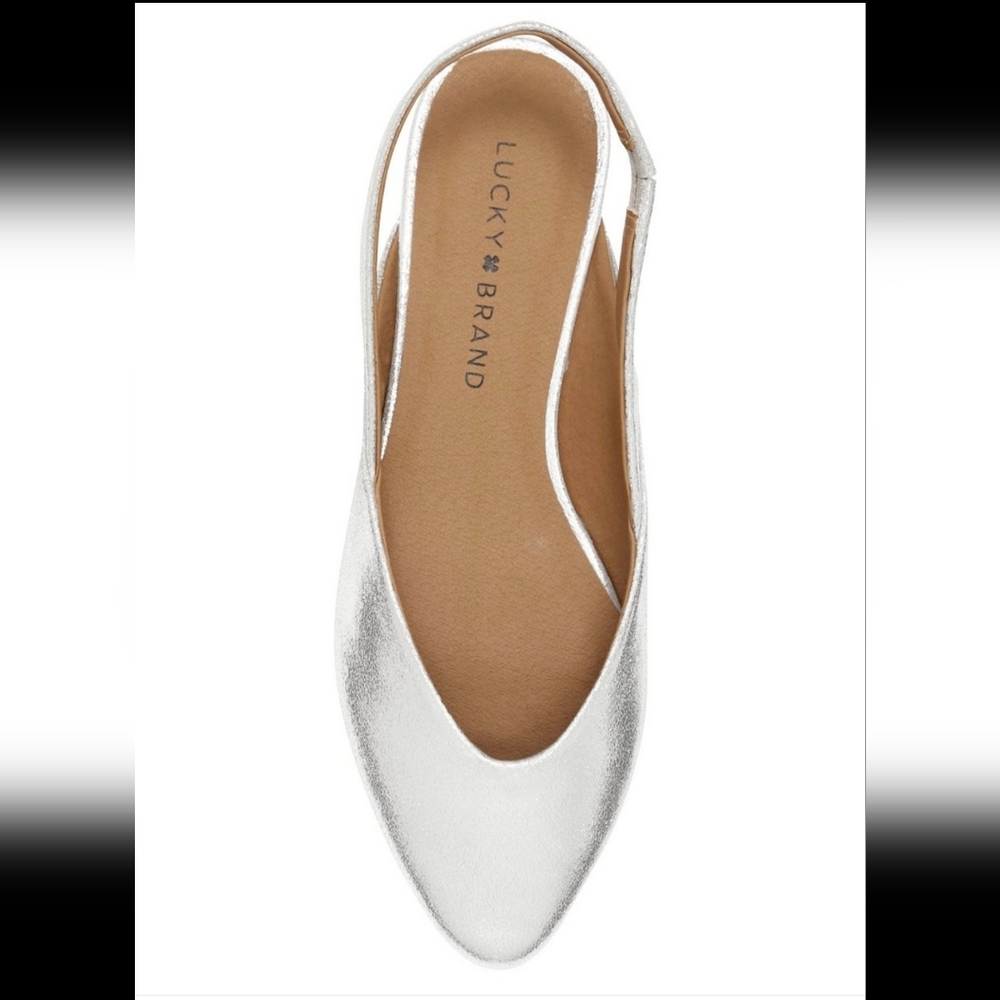 Lucky Brand Benten Modern Minimalist Meta Silver Leather Slingback Flat 7M